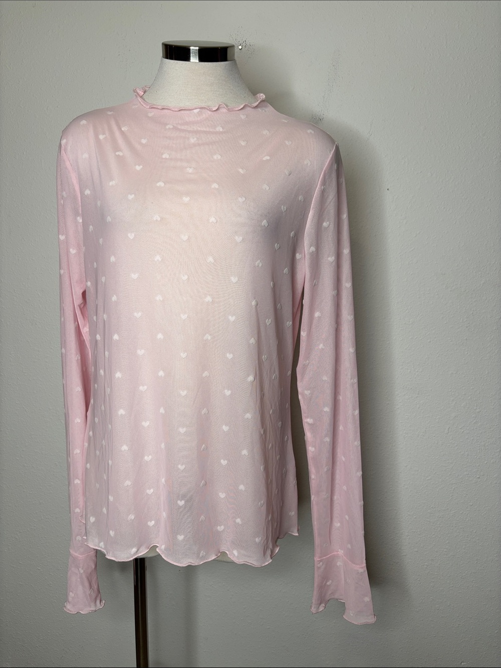 Sheer Light Pink Heart-Print Ruffle Mock-Neck Blouse